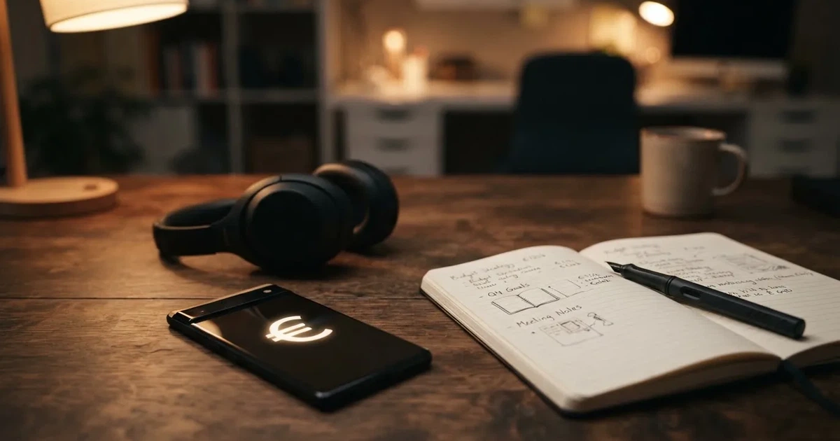 Ein Smartphone mit schwarzem Display liegt neben Kopfhörern auf einem Schreibtisch, daneben ein aufgeschlagenes Notizbuch.
