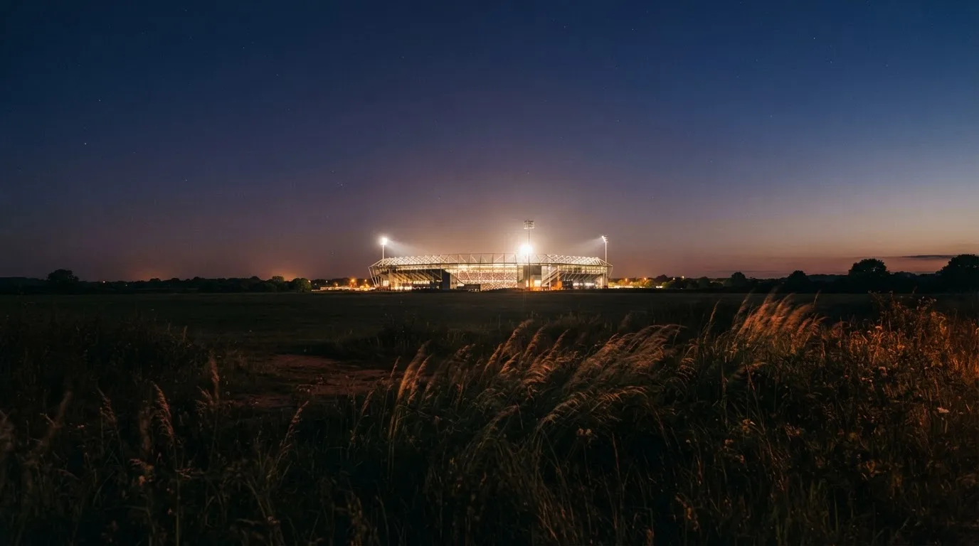 Ein hell beleuchtetes Stadion aus der Ferne in der Dämmerung, im Vordergrund ein Feld mit hohem Gras.