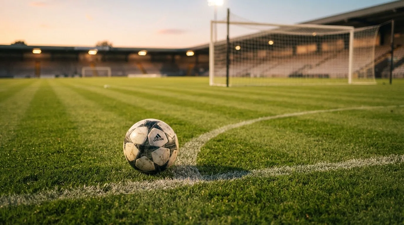 Ein Fußball liegt im Strafraum eines leeren Platzes, dahinter die Netze des Tores im Abendlicht.