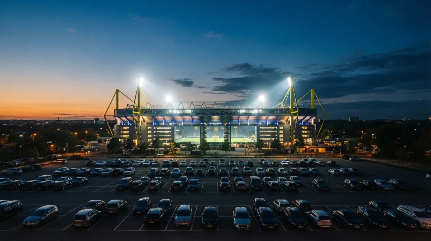 Ein Stadion unter Flutlicht aus großer Entfernung bei Einbruch der Dunkelheit, davor ein stiller Parkplatz.