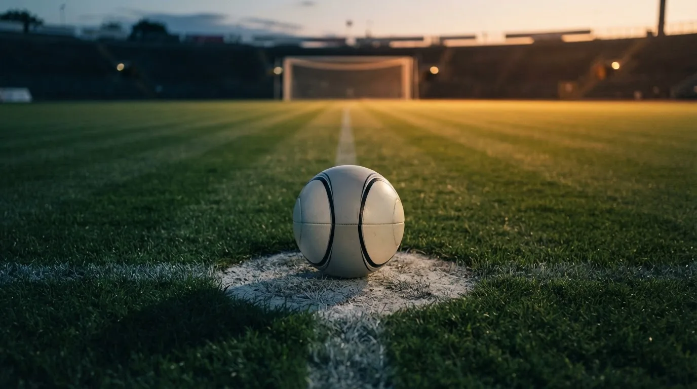 Ein Fußball liegt auf dem Elfmeterpunkt eines leeren Platzes im Abendlicht.