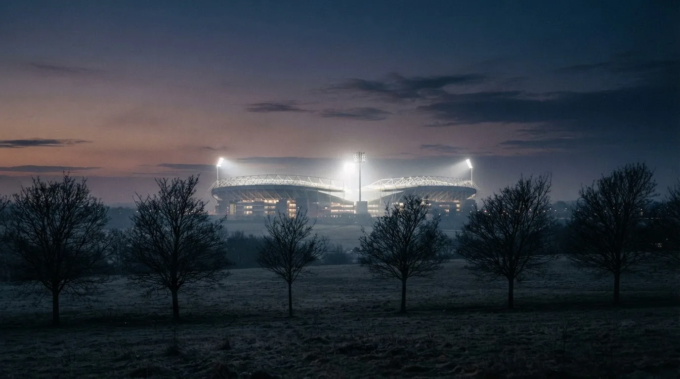 Ein Stadion unter Flutlicht, aus großer Entfernung gesehen, davor eine Reihe kahler Bäume im Dämmerlicht.
