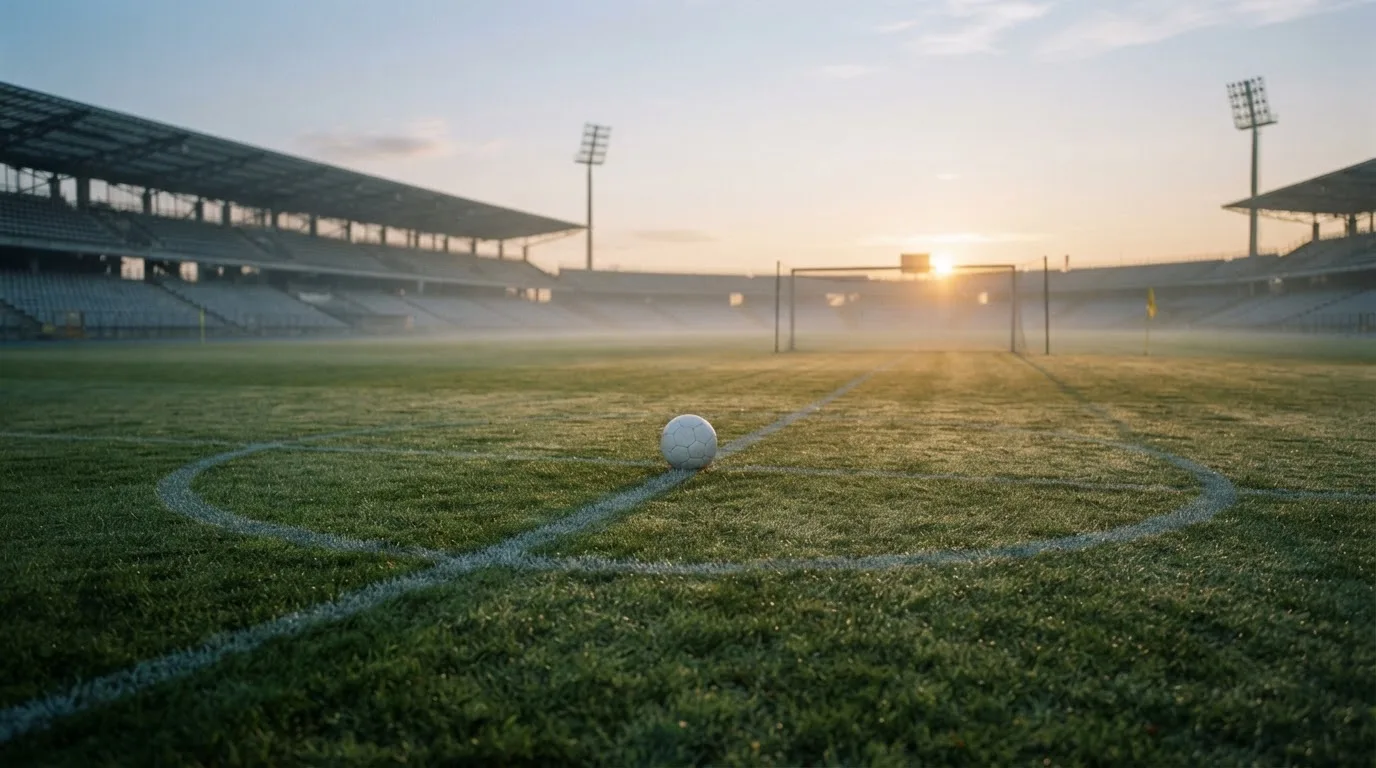 Ein Fußball auf dem Mittelkreis eines leeren Rasenplatzes im frühen Morgenlicht.