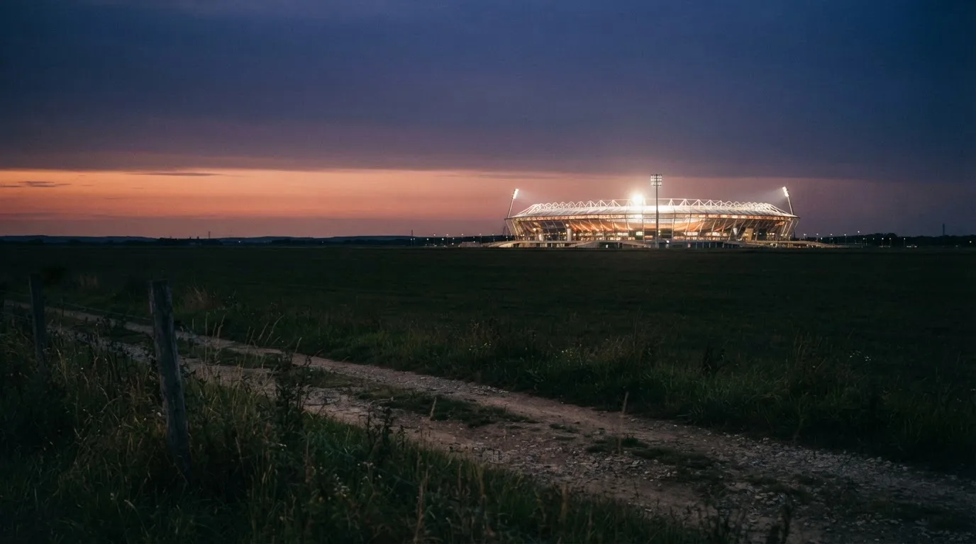 Ein beleuchtetes Stadion aus großer Distanz am Abend, im Vordergrund ein Feldweg.
