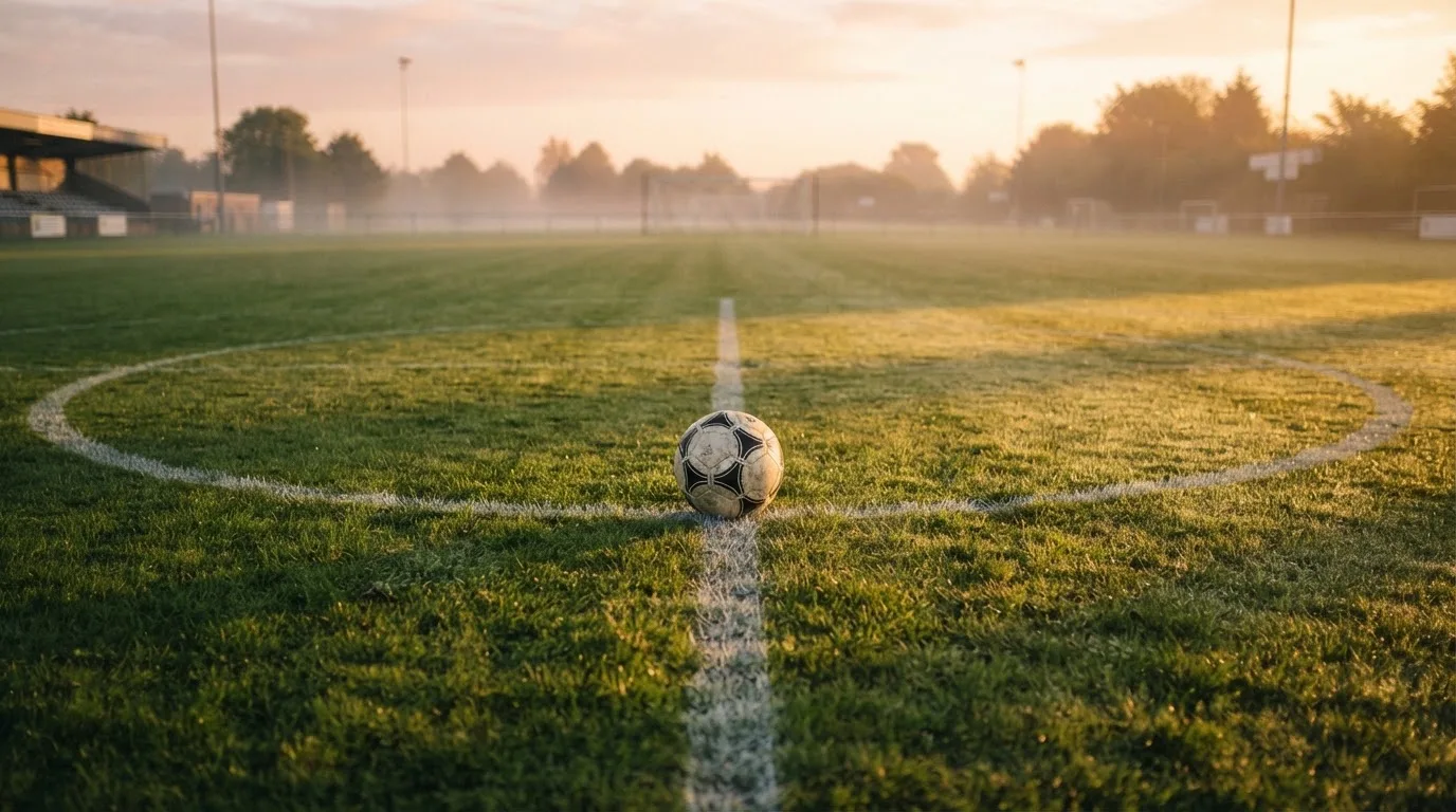Ein Fußball liegt am Rand des Mittelkreises auf einem leeren Rasenplatz bei Sonnenaufgang.