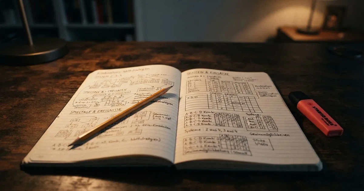 Ein Notizbuch mit handschriftlichen Kästchen und Linien liegt neben einem Bleistift und einem Taschenrechner auf einem Schreibtisch.