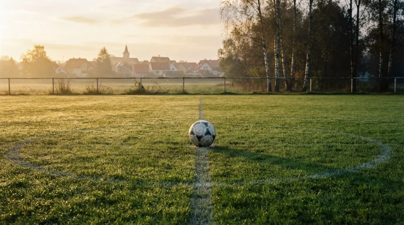 Ein Fußball auf dem Rasen eines leeren Sportplatzes am Rand einer Kleinstadt im Morgenlicht.