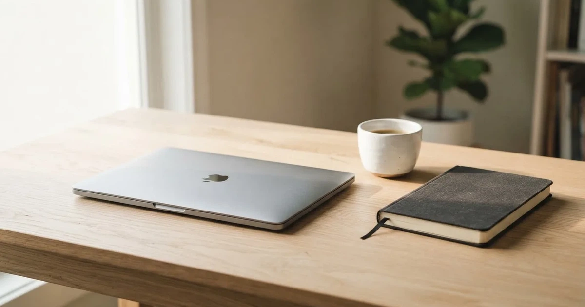 Ein Laptop mit geschlossenem Deckel steht neben einer Kaffeetasse und einem Notizbuch auf einem hellen Schreibtisch.