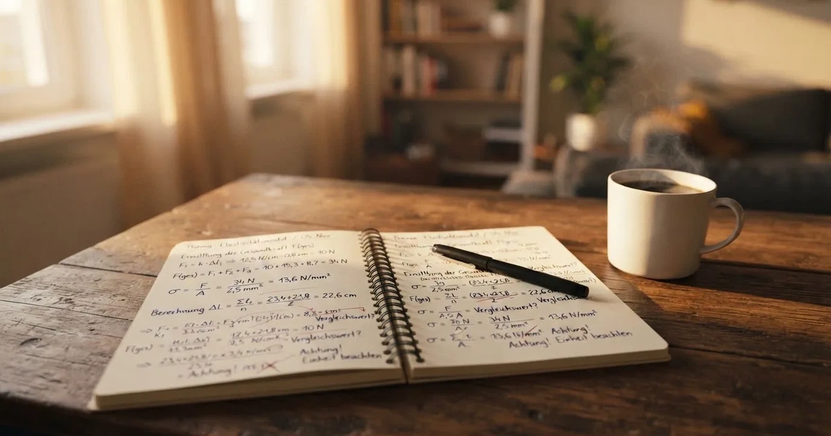 Ein Notizbuch mit handschriftlichen Rechnungen und ein Taschenrechner liegen auf einem Schreibtisch neben einer Tasse Kaffee im Licht des frühen Morgens.