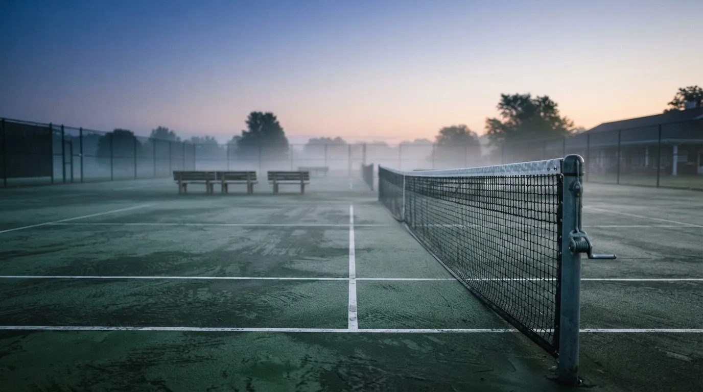 Ein Tennisplatz im Morgengrauen, das Netz und die Linien liegen im Tau, im Hintergrund leichter Nebel und kein Mensch zu sehen.