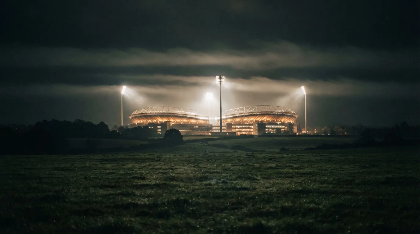 Ein Stadion unter Flutlicht, aus großer Entfernung über eine dunkle Wiese fotografiert, am Himmel zieht Nebel auf.