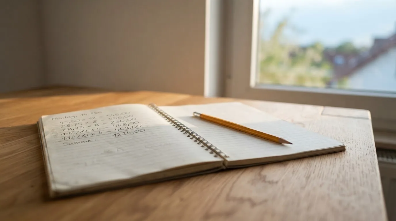 Ein Notizbuch mit handschriftlichen Notizen und ein Bleistift liegen auf einem Schreibtisch am Fenster, draußen fällt Morgenlicht herein.