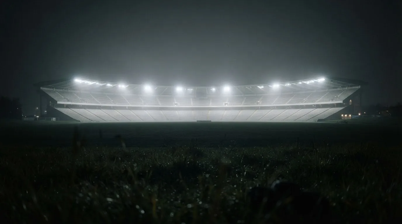 Ein Stadion unter Flutlicht, aus großer Entfernung über eine dunkle Wiese fotografiert, am Himmel zieht Nebel auf.