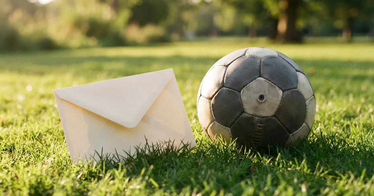 Ein verschlossener leerer Briefumschlag liegt neben einem Fußball auf grünem Rasen im warmen Licht des Nachmittags.