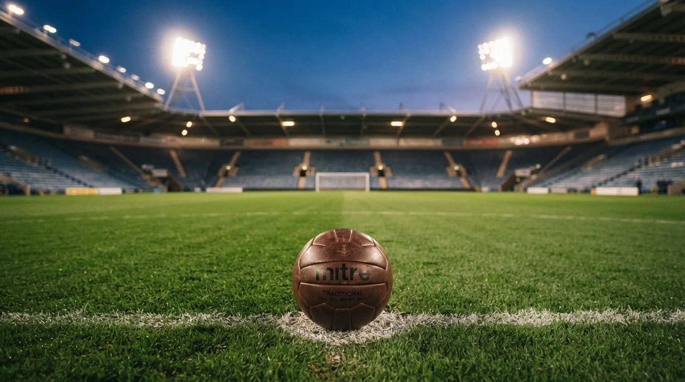 Ein Fußball liegt auf dem Anstoßpunkt eines leeren Rasenplatzes, im Hintergrund steht ein Stadion unter Flutlicht in der Dämmerung.