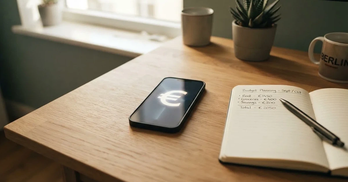 Ein Smartphone liegt neben einem Notizbuch und einem Kugelschreiber auf einem hellen Schreibtisch, das Display ist ausgeschaltet.