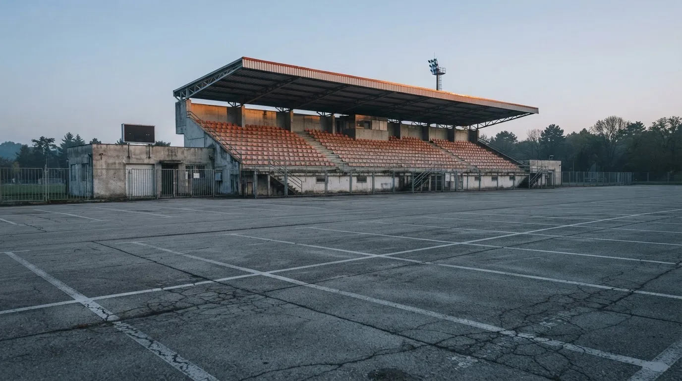 Eine leere Tribüne eines kleinen Stadions am frühen Morgen, aus der Ferne über einen menschenleeren Parkplatz fotografiert.