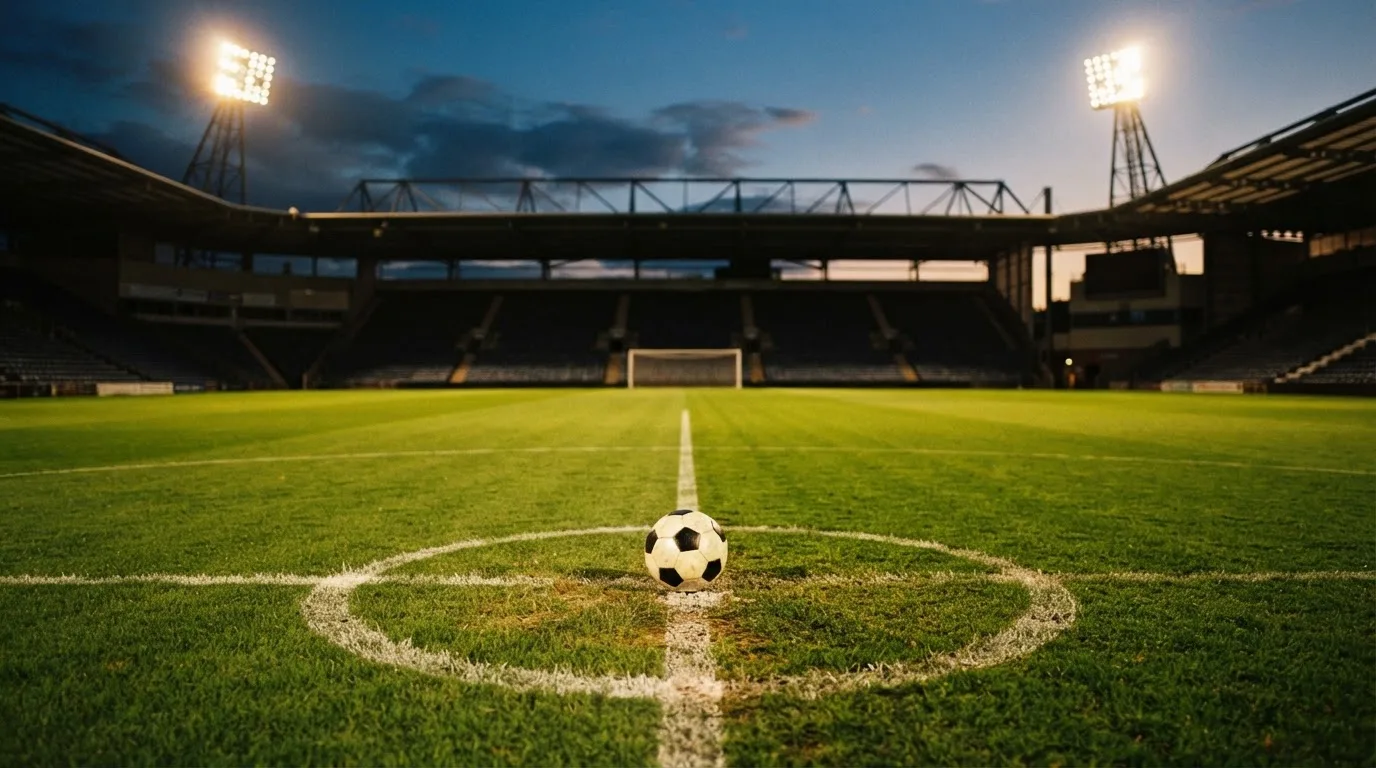 Ein Fußball liegt auf dem Rasen eines leeren Platzes, im Hintergrund ein Stadion unter Flutlicht in der Abenddämmerung.