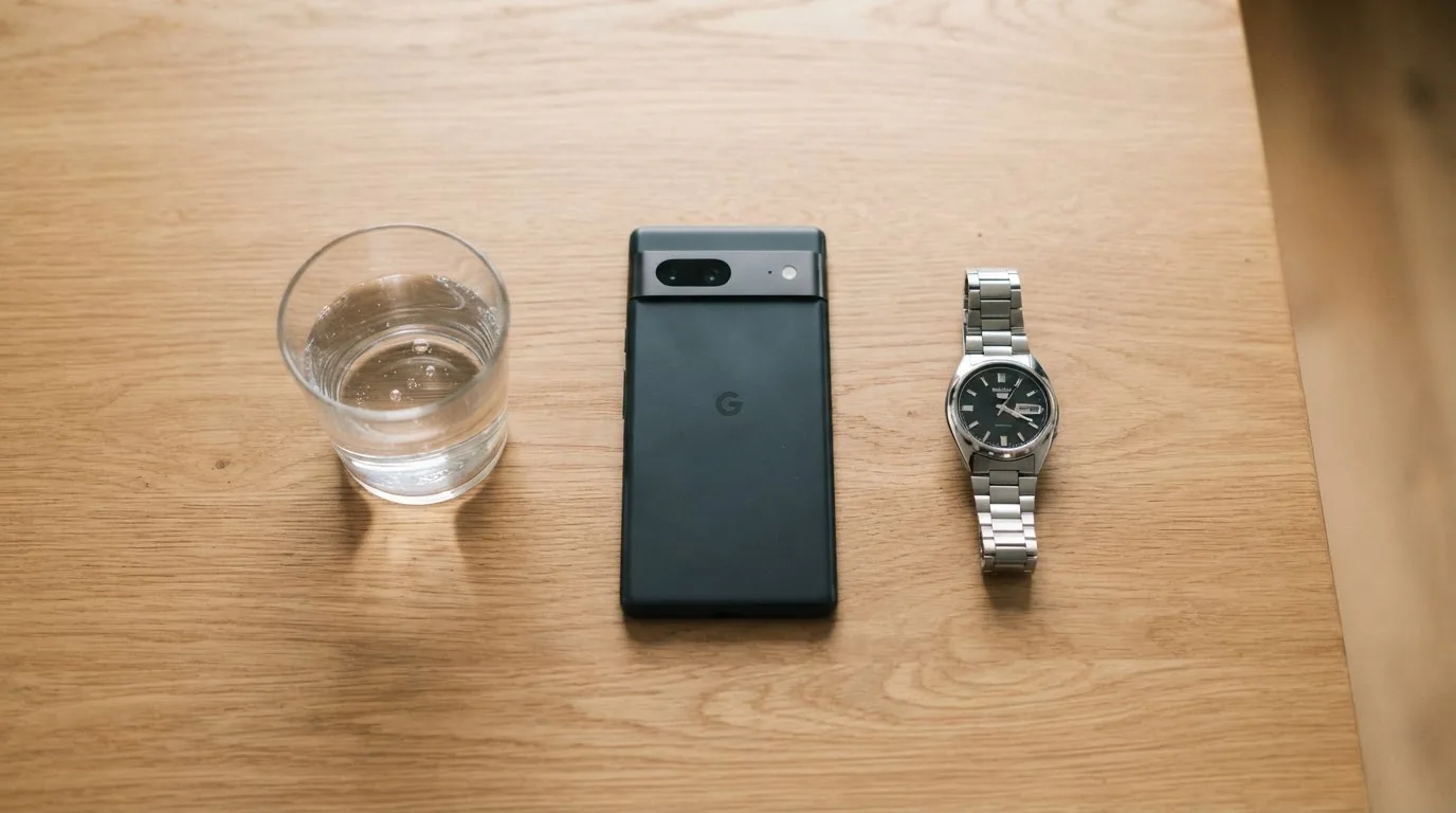 Ein Smartphone liegt mit dem Display nach unten auf einem Küchentisch, daneben stehen ein Glas Wasser und eine Armbanduhr.