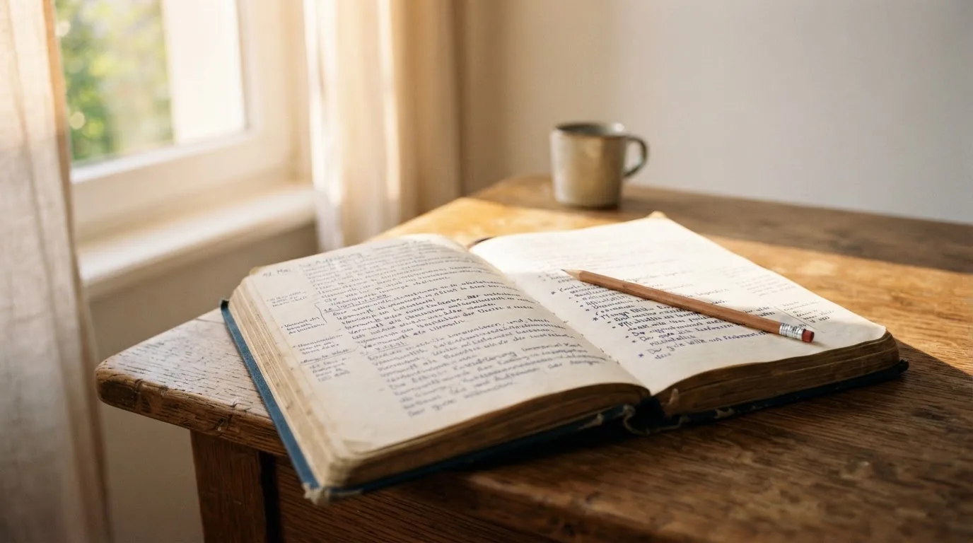 Ein Notizbuch mit handschriftlichen Notizen und ein Bleistift liegen auf einem Schreibtisch am Fenster, draußen fällt Morgenlicht herein.