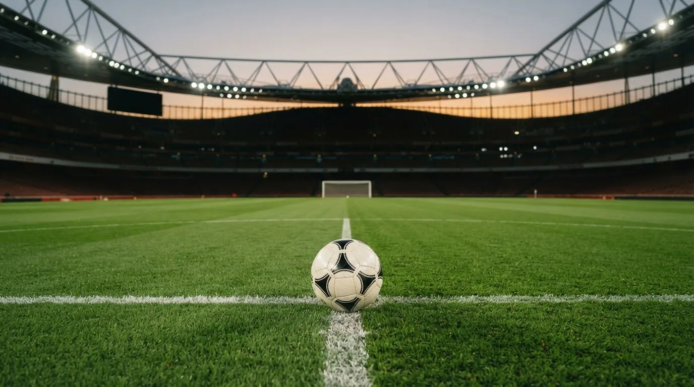 Ein Fußball liegt auf dem Anstoßpunkt eines leeren Rasenplatzes, im Hintergrund steht ein Stadion unter Flutlicht in der Dämmerung.