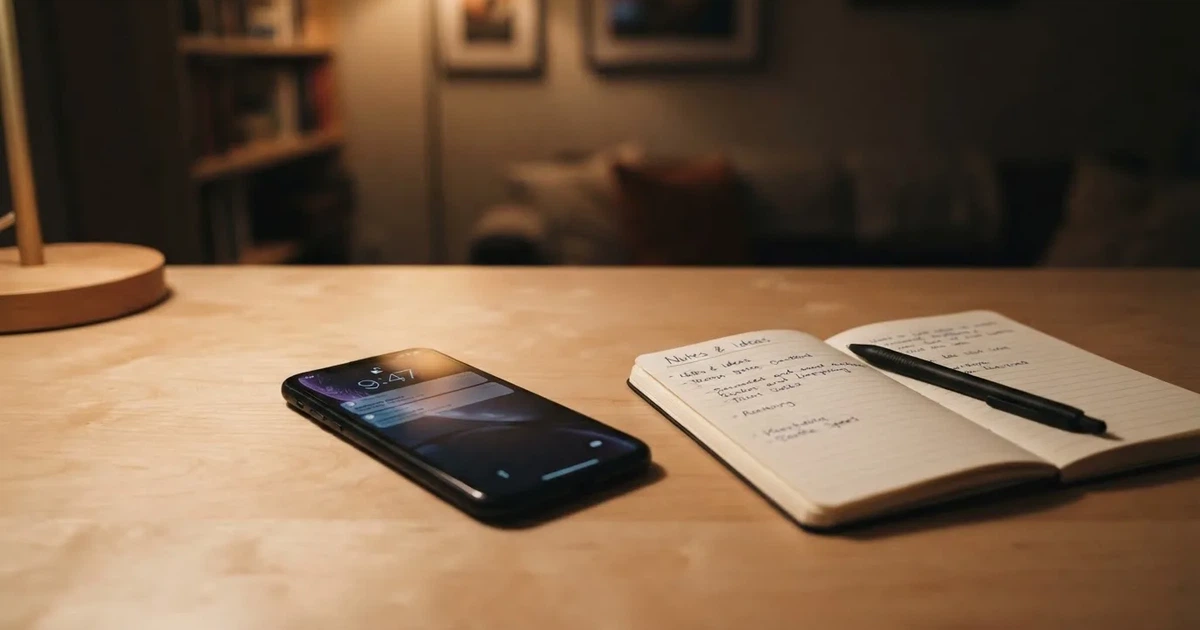 Ein Smartphone liegt neben einem Notizbuch und einem Kugelschreiber auf einem hellen Schreibtisch, das Display ist ausgeschaltet.