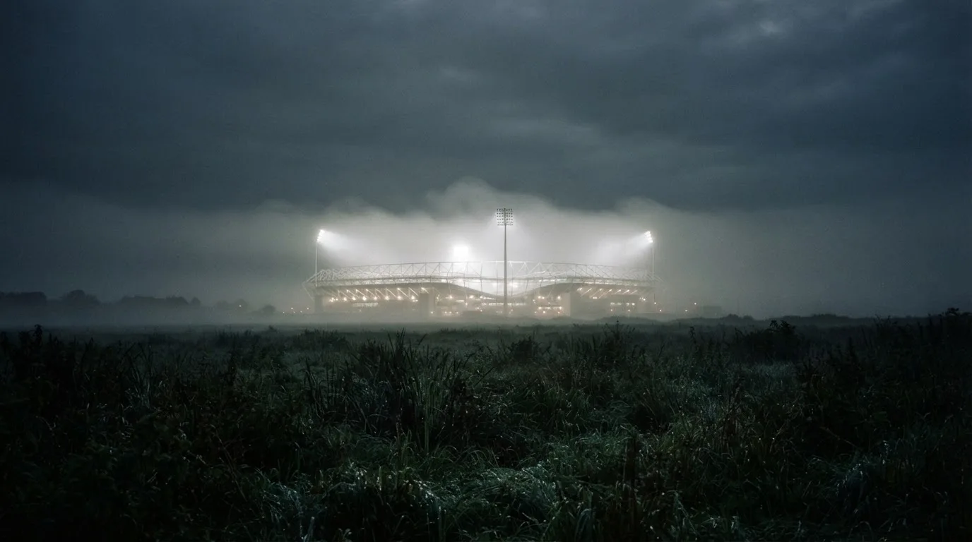 Ein Stadion unter Flutlicht, aus großer Entfernung über eine dunkle Wiese fotografiert, am Himmel zieht Nebel auf.