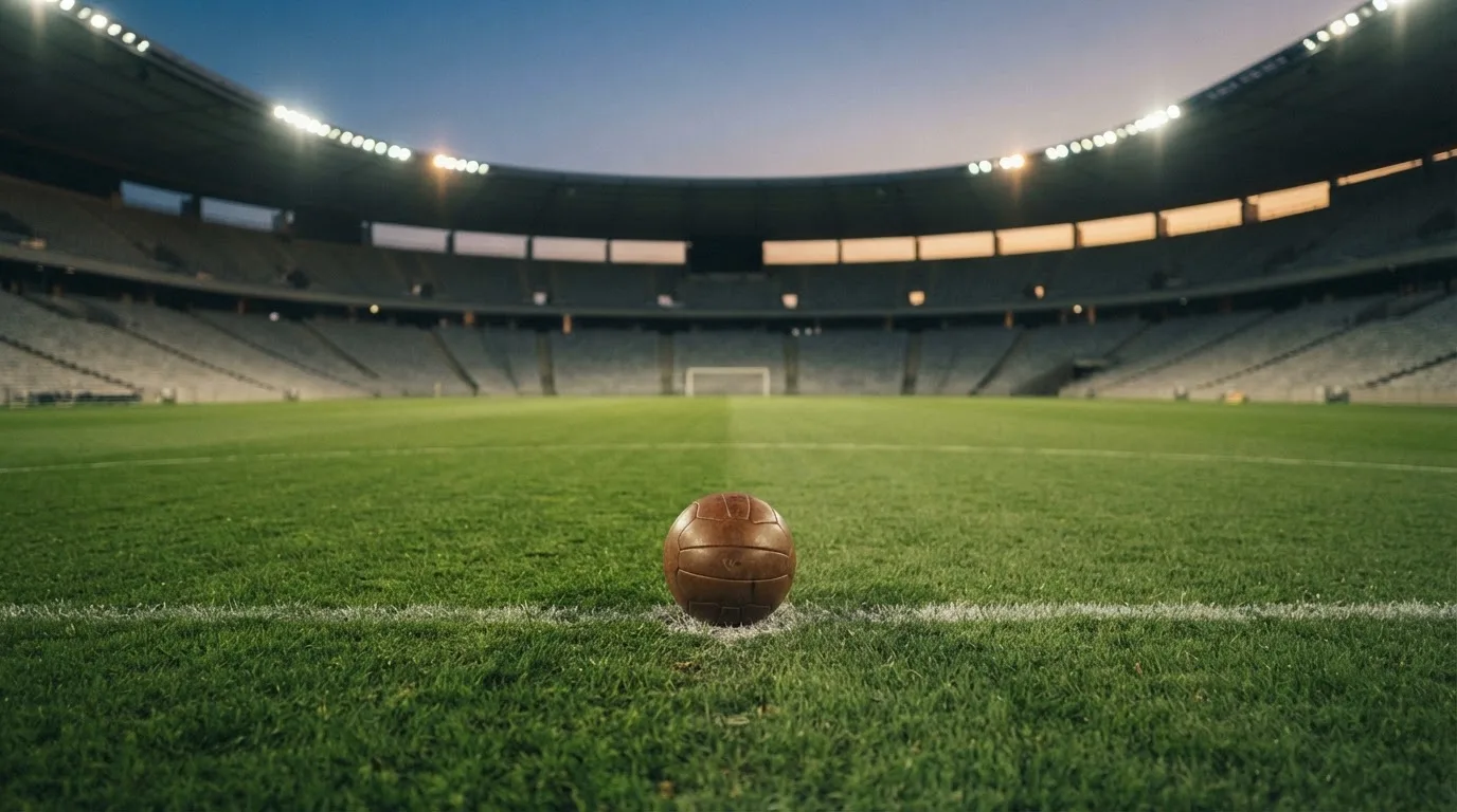 Ein Fußball liegt auf dem Rasen eines leeren Platzes, im Hintergrund ein Stadion unter Flutlicht in der Abenddämmerung.