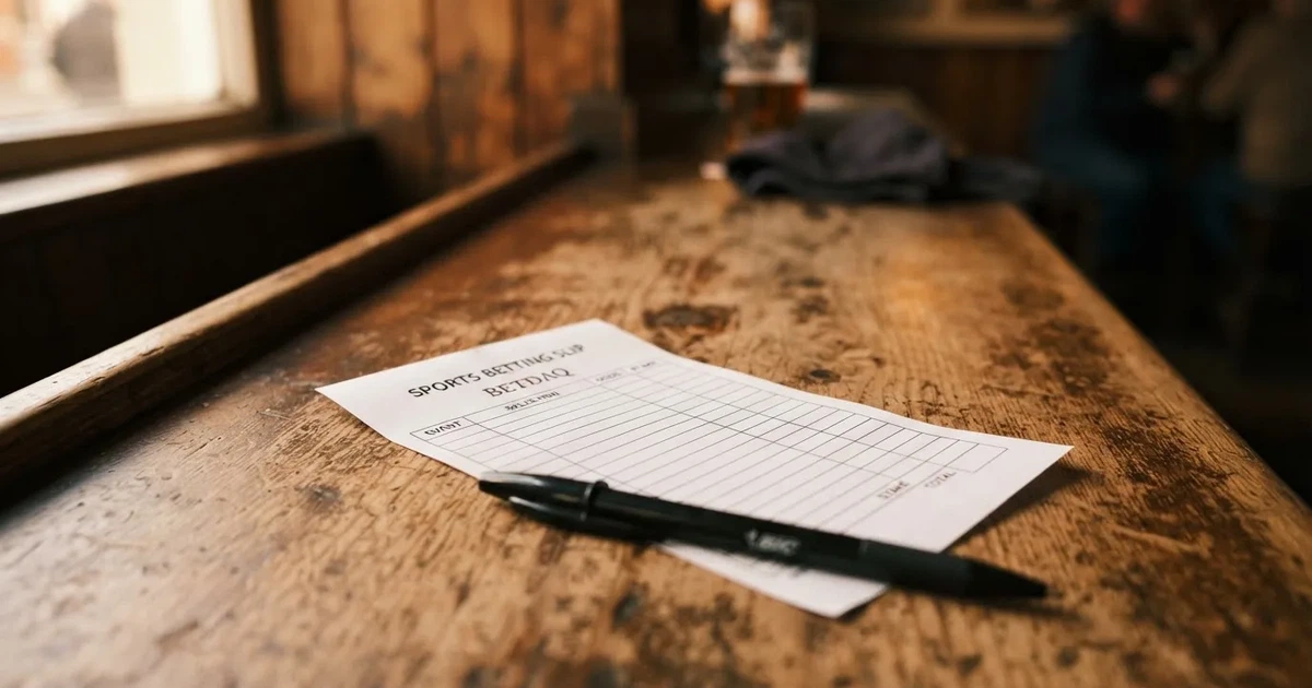 Ein leerer Wettschein aus Papier liegt neben einem Stift auf einer hölzernen Theke, weiches Licht fällt von der Seite ein.