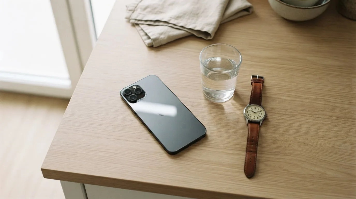 Ein Smartphone liegt mit dem Display nach unten auf einem Küchentisch, daneben stehen ein Glas Wasser und eine Armbanduhr.