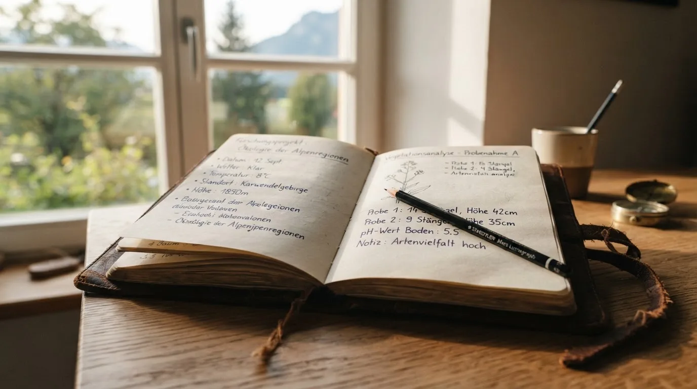 Ein Notizbuch mit handschriftlichen Notizen und ein Bleistift liegen auf einem Schreibtisch am Fenster, draußen fällt Morgenlicht herein.