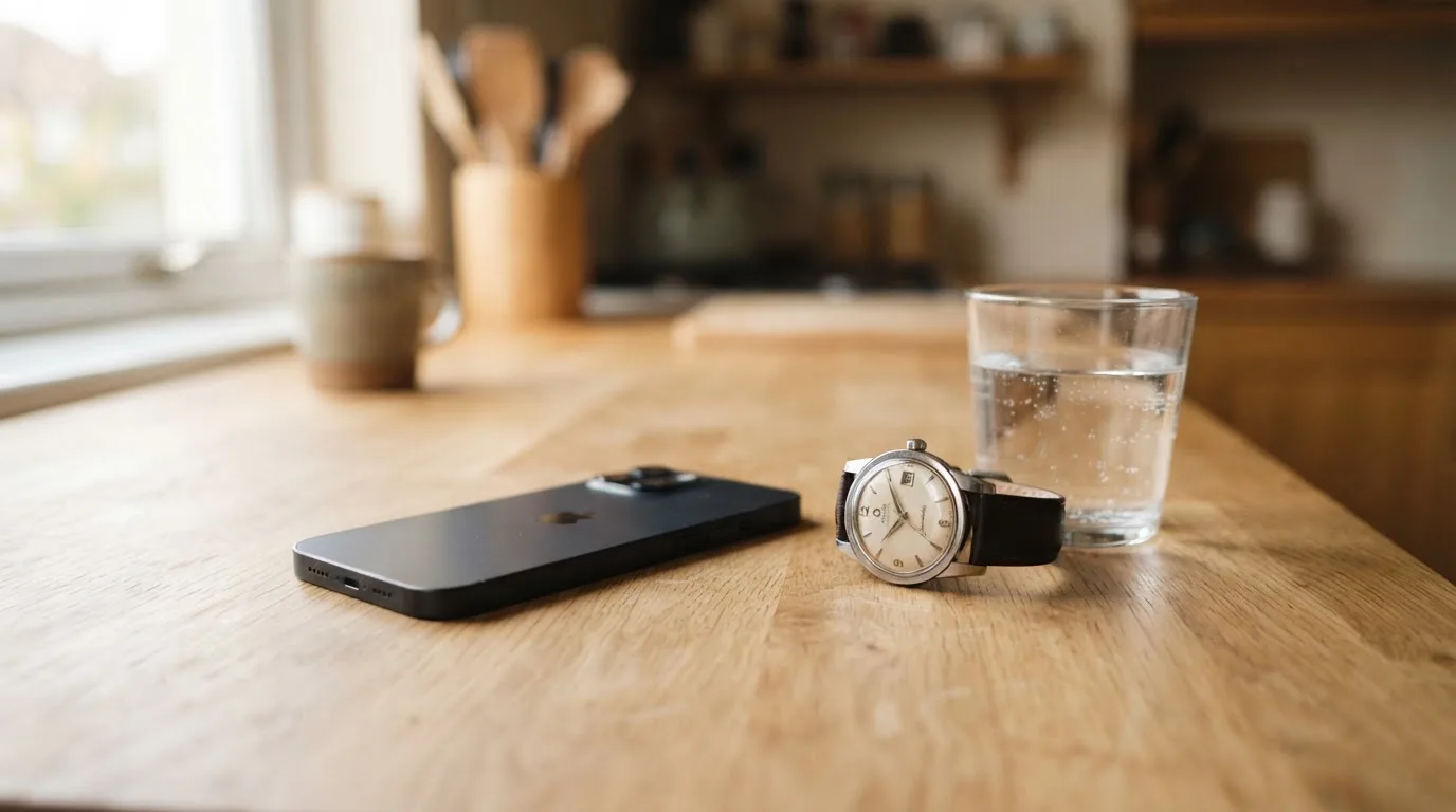 Ein Smartphone liegt mit dem Display nach unten auf einem Küchentisch, daneben stehen ein Glas Wasser und eine Armbanduhr.