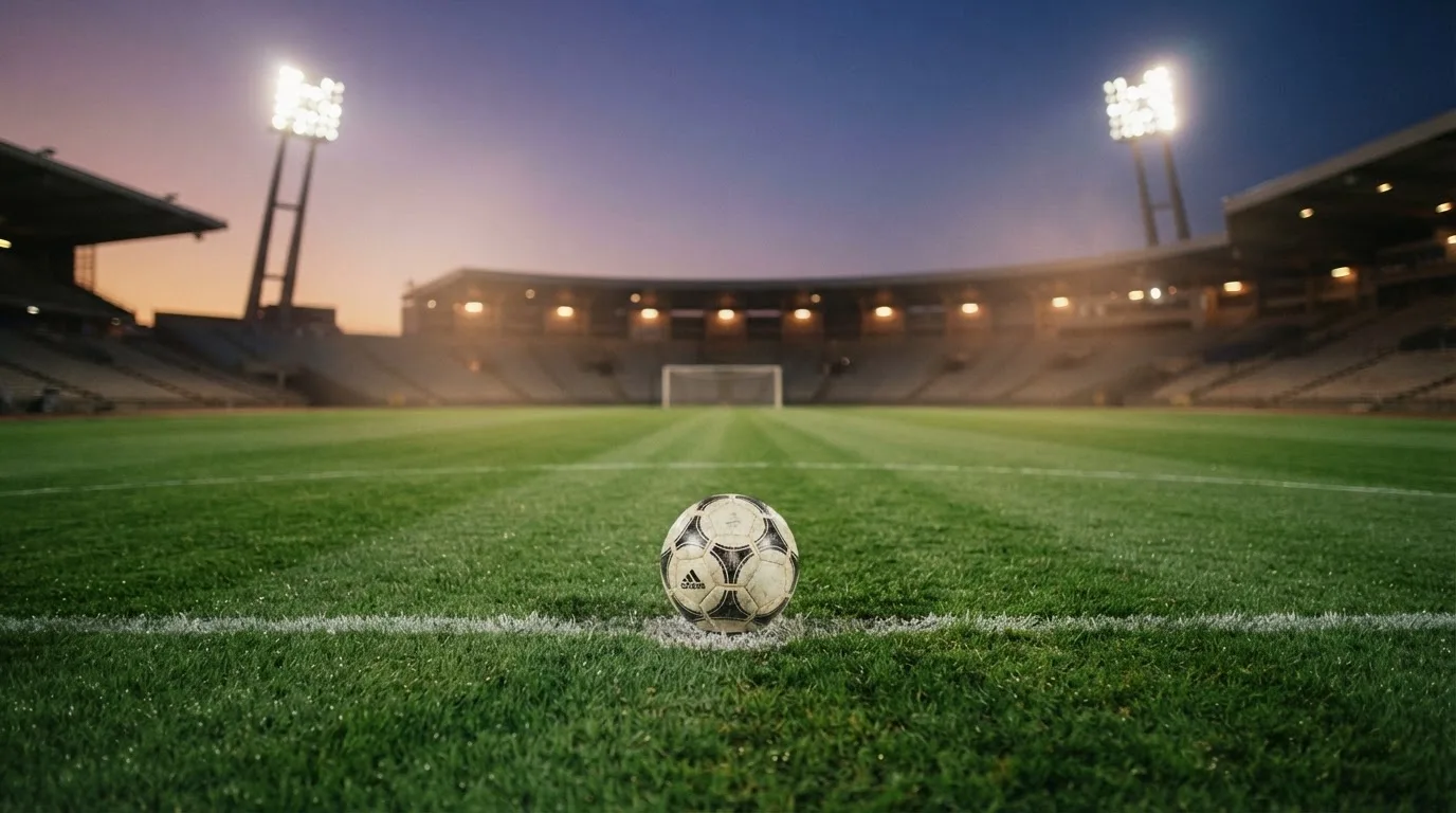 Ein Fußball liegt auf dem Anstoßpunkt eines leeren Rasenplatzes, im Hintergrund steht ein Stadion unter Flutlicht in der Dämmerung.