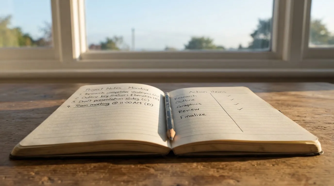 Ein Notizbuch mit handschriftlichen Notizen und ein Bleistift liegen auf einem Schreibtisch am Fenster, draußen fällt Morgenlicht herein.