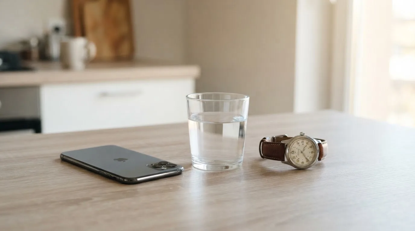Ein Smartphone liegt mit dem Display nach unten auf einem Küchentisch, daneben stehen ein Glas Wasser und eine Armbanduhr.