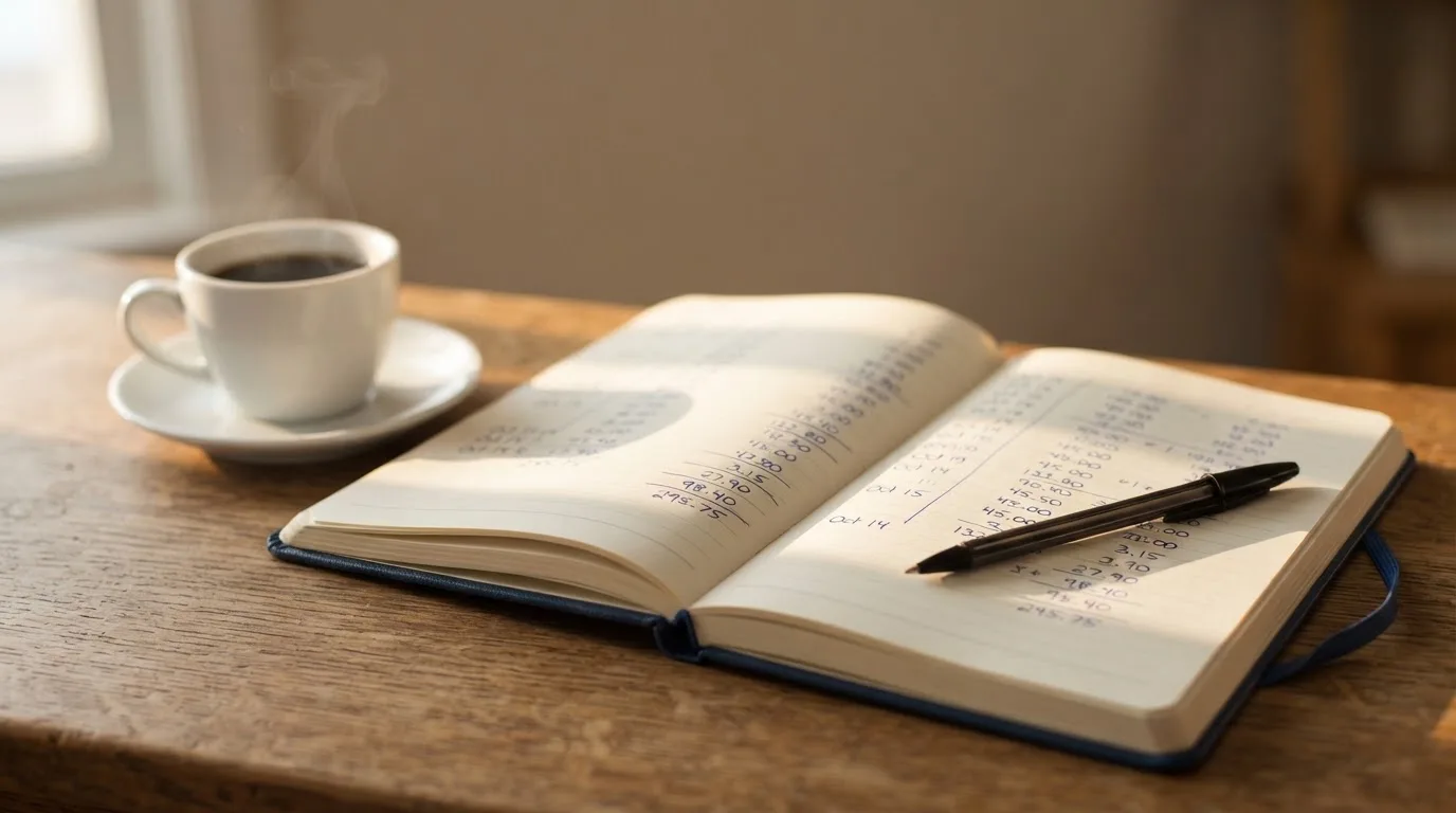 Ein Notizbuch mit handschriftlichen Rechnungen und ein Taschenrechner liegen auf einem Schreibtisch neben einer Tasse Kaffee im Licht des frühen Morgens.