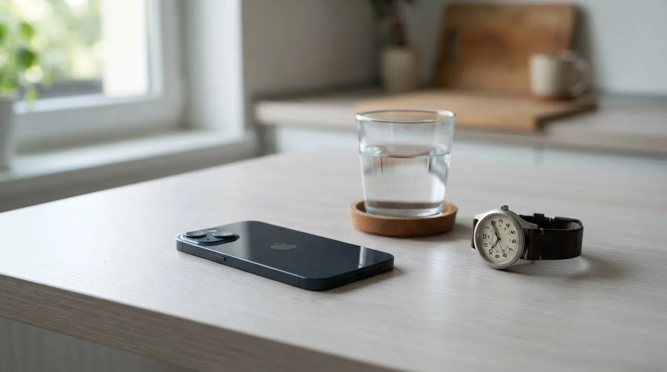 Ein Smartphone liegt mit dem Display nach unten auf einem Küchentisch, daneben stehen ein Glas Wasser und eine Armbanduhr.