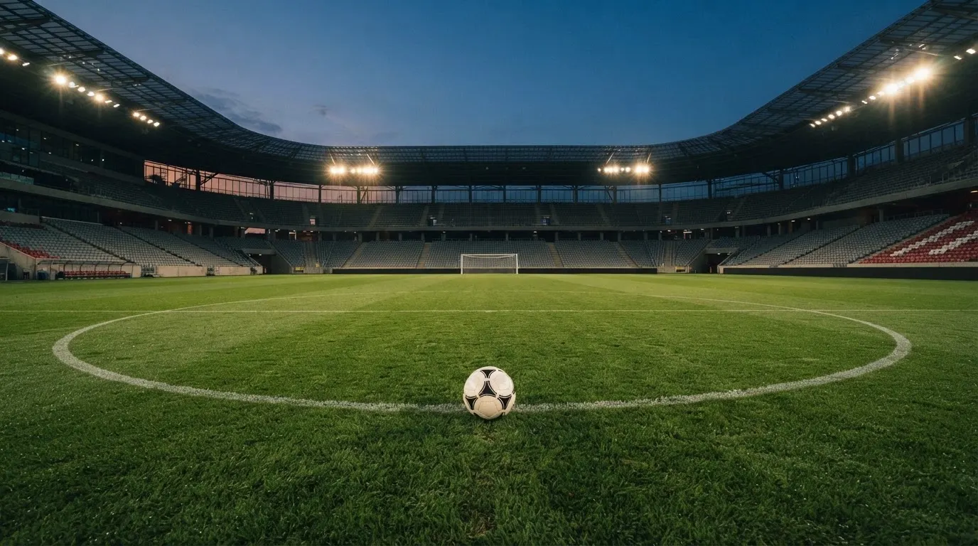 Ein Fußball liegt auf dem Rasen eines leeren Platzes, im Hintergrund ein Stadion unter Flutlicht in der Abenddämmerung.