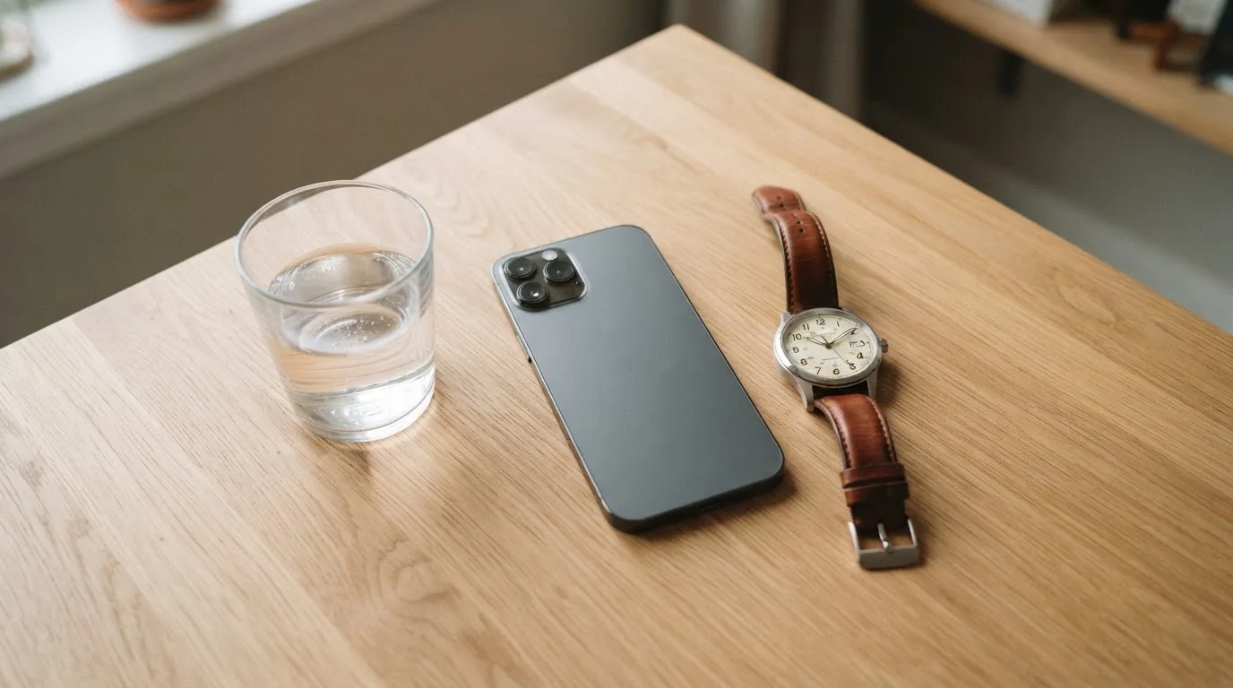 Ein Smartphone liegt mit dem Display nach unten auf einem Küchentisch, daneben stehen ein Glas Wasser und eine Armbanduhr.