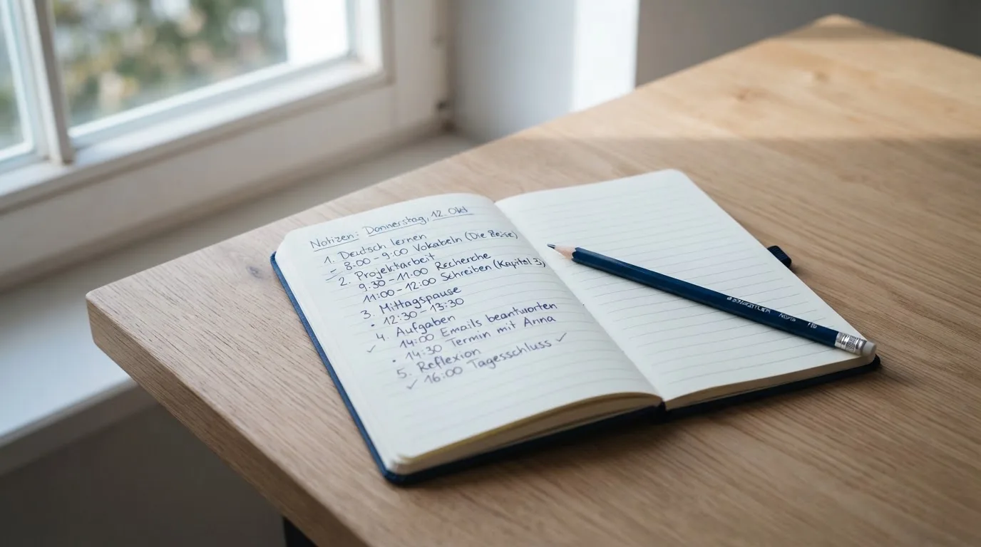 Ein Notizbuch mit handschriftlichen Notizen und ein Bleistift liegen auf einem Schreibtisch am Fenster, draußen fällt Morgenlicht herein.