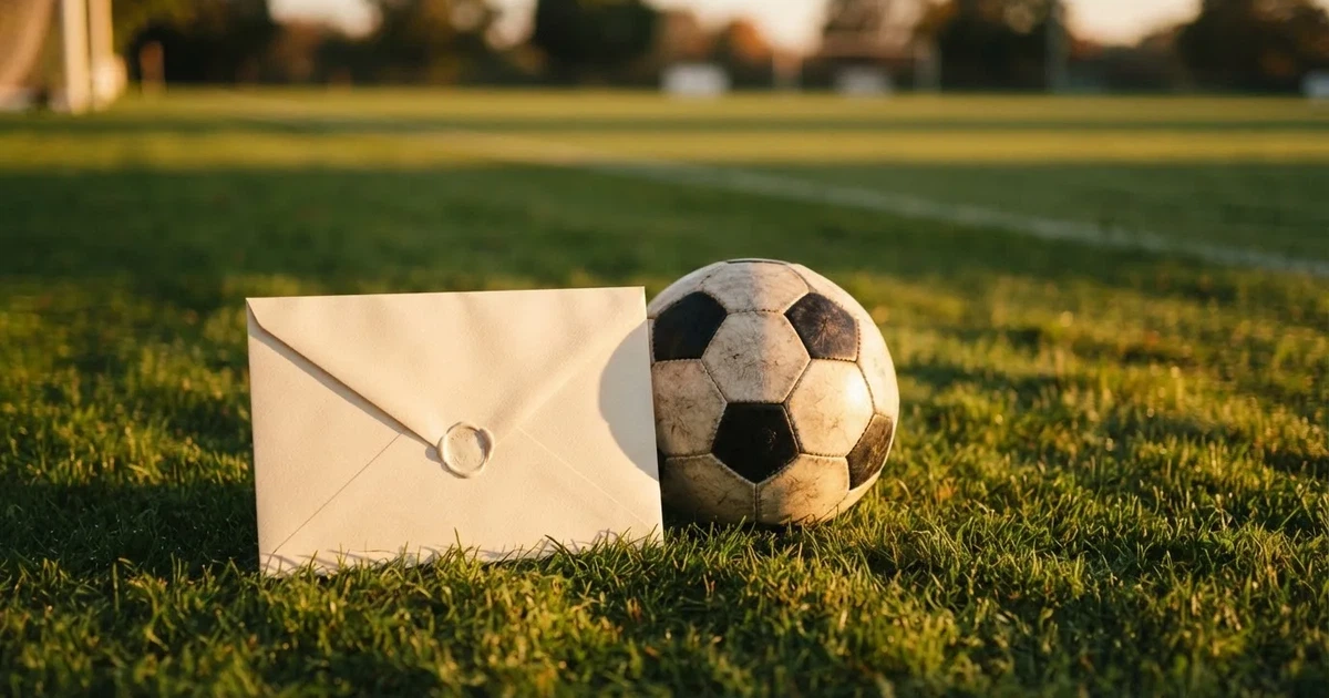 Ein verschlossener leerer Briefumschlag liegt neben einem Fußball auf grünem Rasen im warmen Licht des Nachmittags.