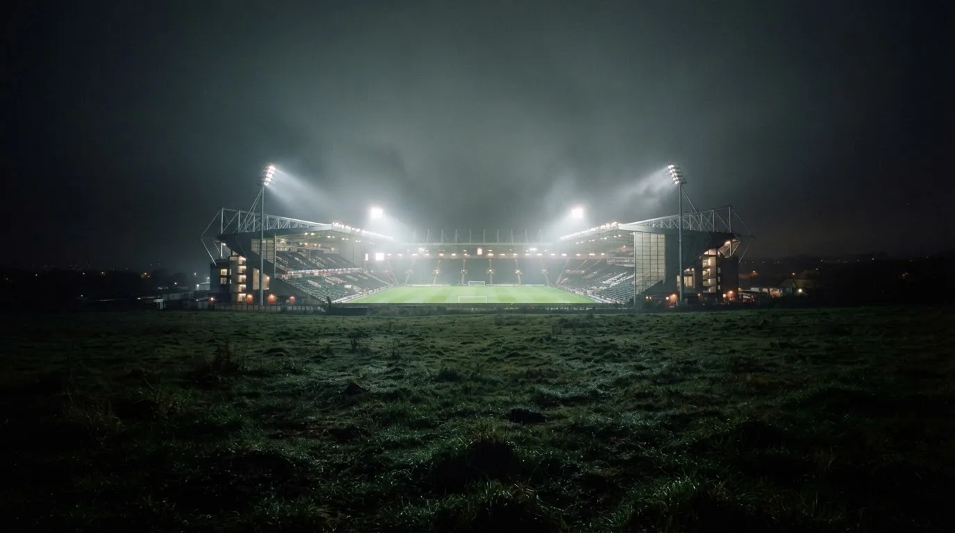 Ein Stadion unter Flutlicht, aus großer Entfernung über eine dunkle Wiese fotografiert, am Himmel zieht Nebel auf.