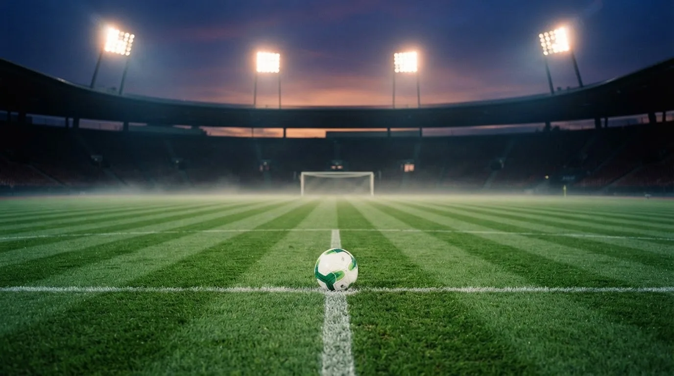 Ein Fußball liegt auf dem Anstoßpunkt eines leeren Rasenplatzes, im Hintergrund steht ein Stadion unter Flutlicht in der Dämmerung.
