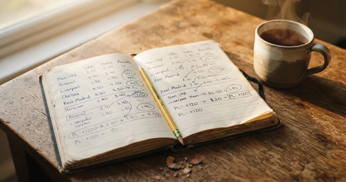 Ein Notizbuch mit handschriftlichen Notizen und Pfeilen liegt aufgeschlagen auf einem Schreibtisch, daneben ein Bleistift und eine Tasse Tee.