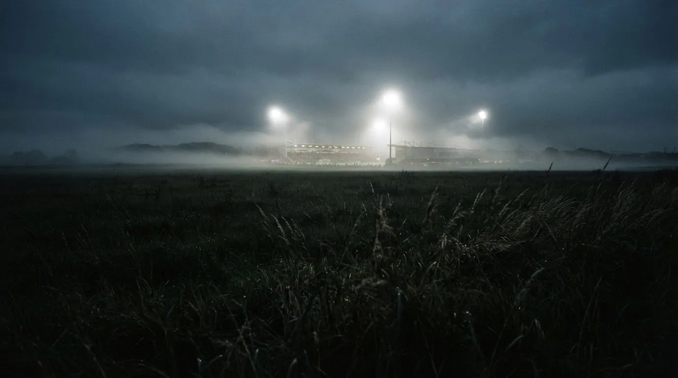 Ein Stadion unter Flutlicht, aus großer Entfernung über eine dunkle Wiese fotografiert, am Himmel zieht Nebel auf.