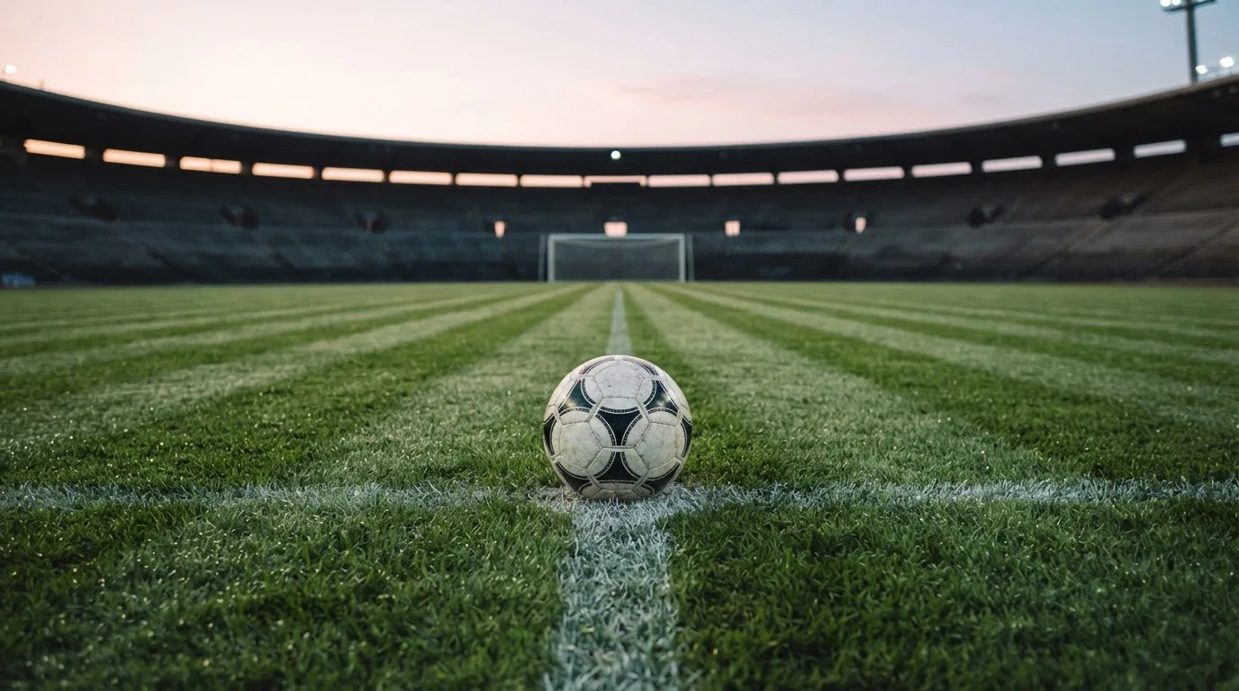 Ein Fußball liegt auf dem Anstoßpunkt eines leeren Rasenplatzes in der Morgendämmerung, im Hintergrund eine leere Tribüne.