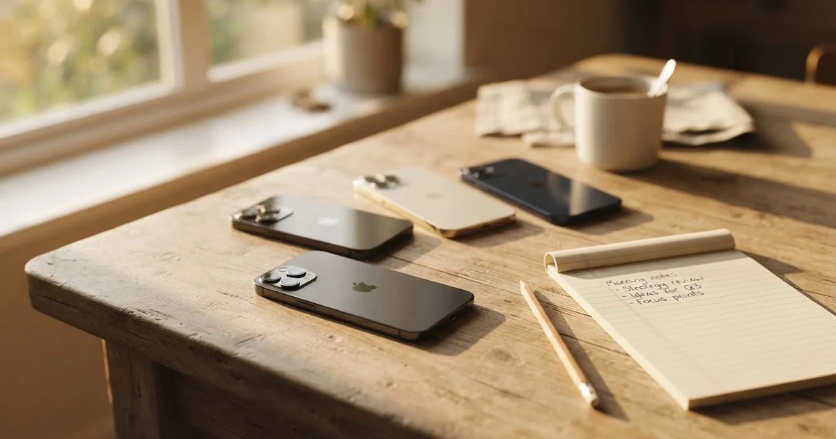 Mehrere Smartphones liegen mit dem Display nach unten neben einem Notizblock und einem Bleistift auf einem hellen Holztisch, seitliches Morgenlicht.