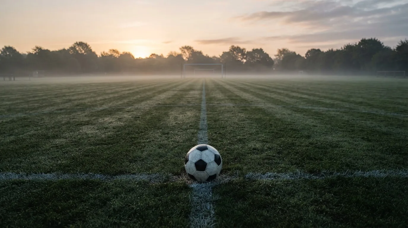 Ein Fußball ruht auf dem Mittelkreis eines leeren Rasenplatzes in der Morgendämmerung, Tau liegt auf dem Gras.