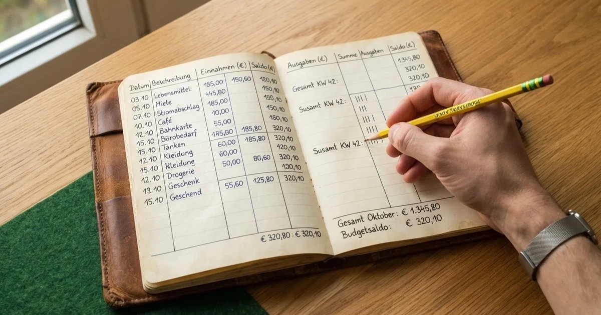 Ein Notizbuch mit handschriftlichen Spalten und Strichlisten liegt neben einem Taschenrechner und einem Bleistift auf einem Schreibtisch.