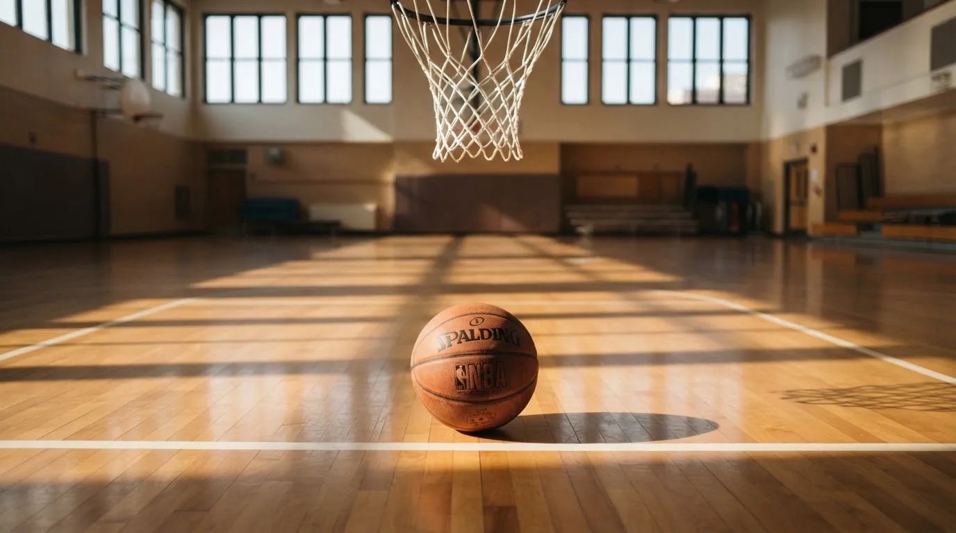 Ein Basketball liegt auf dem Hallenboden unter einem Korb, das Netz hängt ruhig, Morgenlicht fällt durch hohe Fenster.